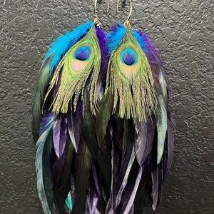 Peacock Feather Statement Earrings - Blue Purple Gold